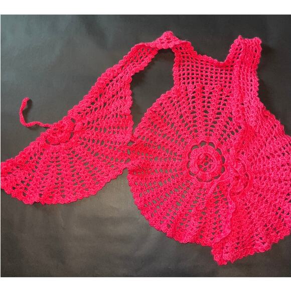 Hand Crochet Hot Pink Rose Vest Small Neon Boho tank top - Picture 3 of 16
